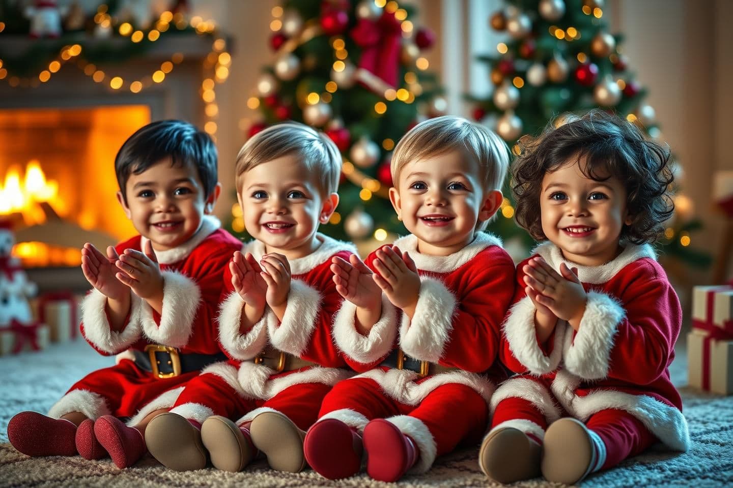 AI generated: super cute realistic toddlers wearing santa costumes, sitting together in a row, clapping hands, big happy smiles, soft studio lighting, christmas tree and gifts in background, war
