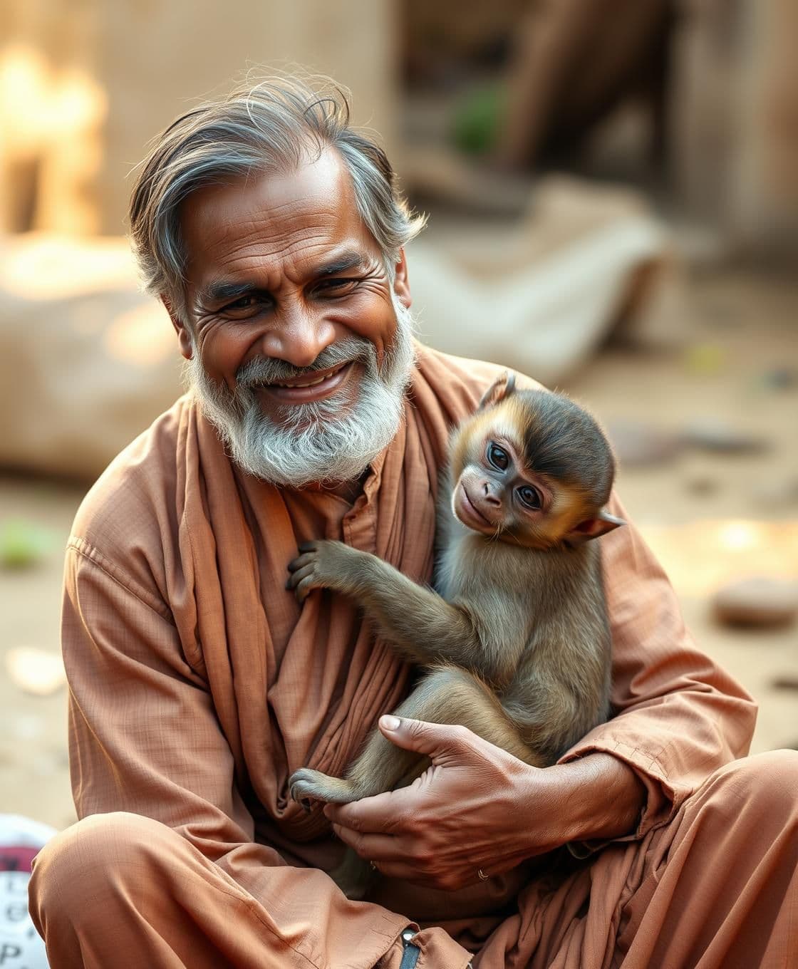 AI generated: IMPORTANT: Generate with all text in Hindi script only. “The moment Ramu Farmer recovers—he sits down and joyfully embraces Montu. 45-year-old farmer, light beard, dhoti-kurta, smi