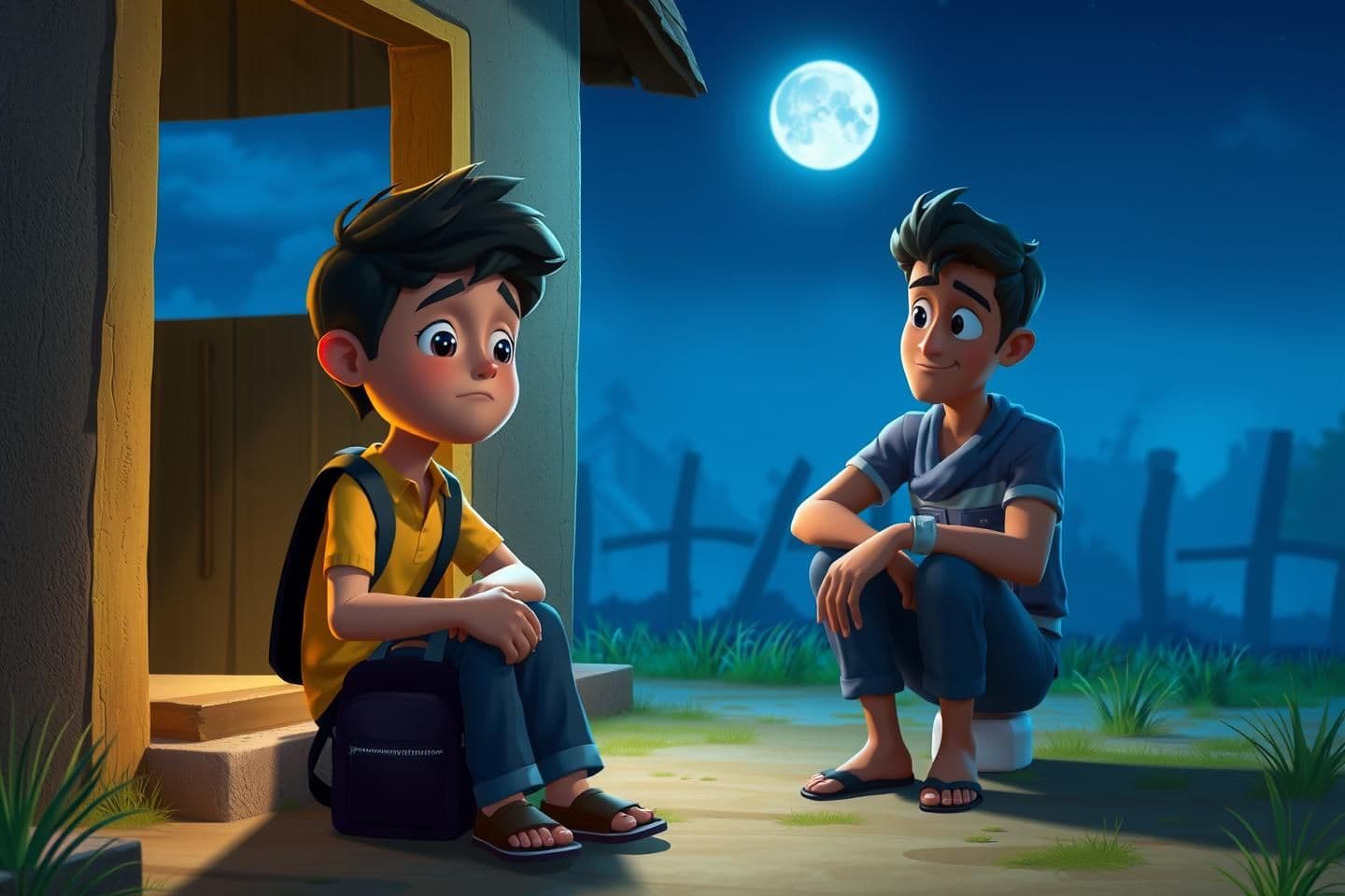 AI generated: 3D cartoonish rural night scene with Neel sitting sadly outside the house, holding his school bag. Arya sits beside him with a comforting hand on his shoulder, both under moonlight