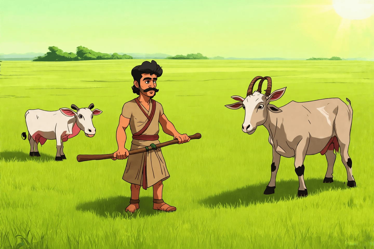 AI generated: 16:9 cartoon style, young Raja working in green fields under sunlight, guiding cows or goats with a stick. His clothes are simple and dusty, his face shows determination. Indian ru