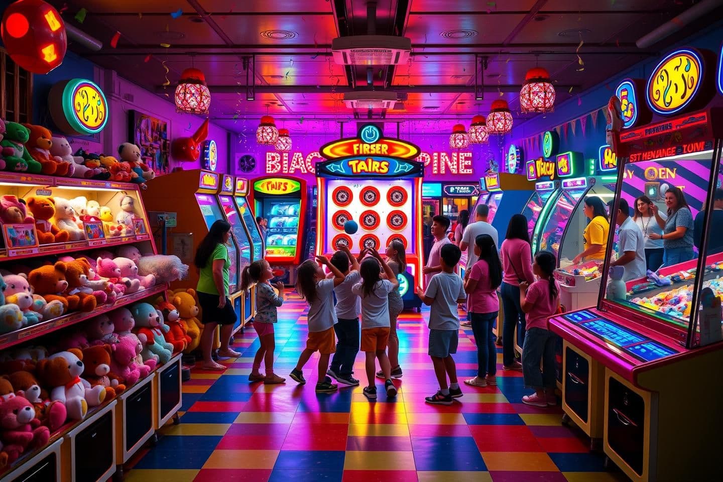 AI generated: A vibrant, colorful indoor arcade filled with bright neon lights, glowing signs, and festive confetti. Children and families are happily playing various arcade and carnival-style g