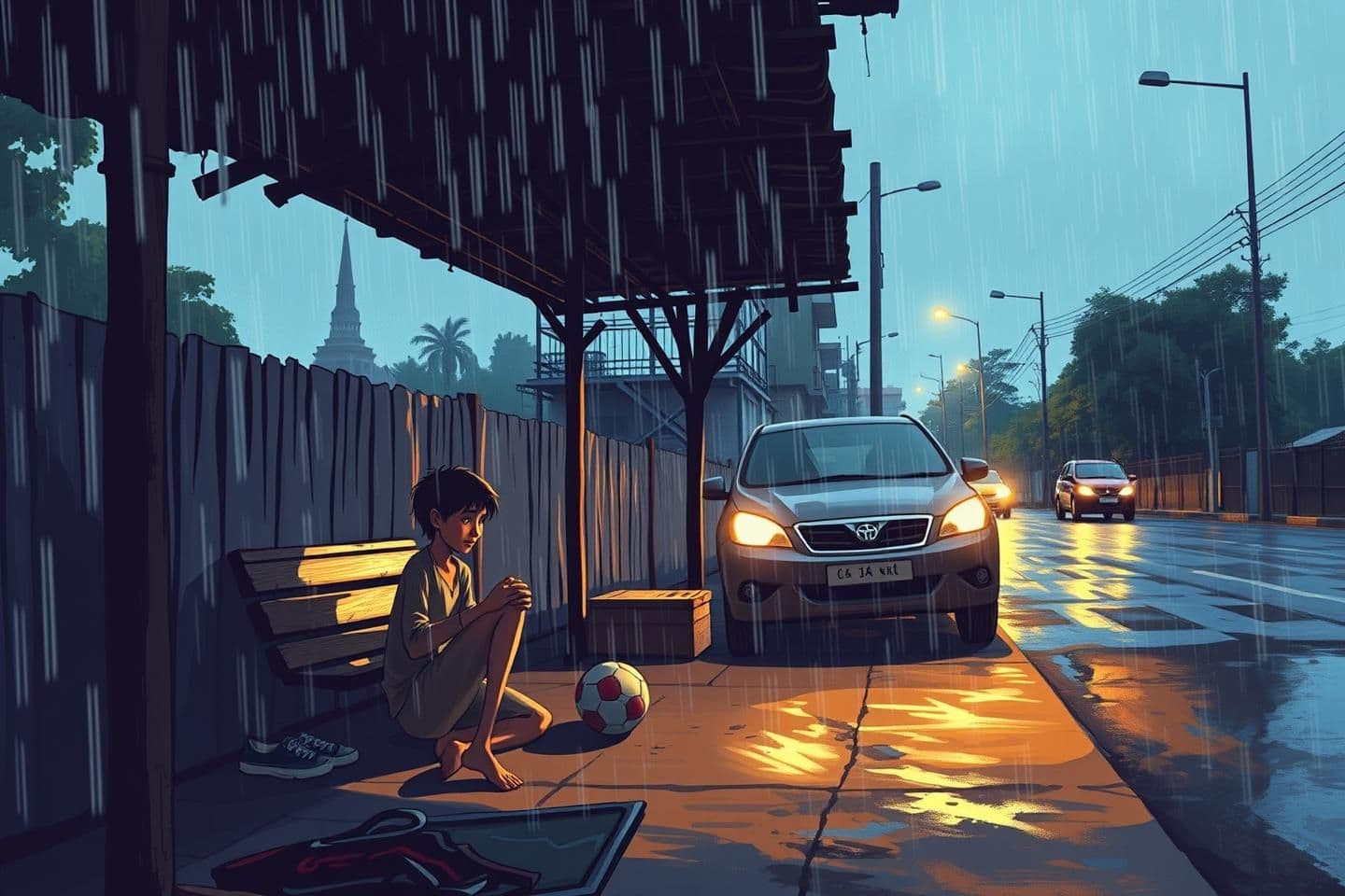 AI generated: IMPORTANT: Generate with all text in Hindi script only. Every evening, at a corner amidst the city's glittering streets, children played football. On that same field-like footpath,