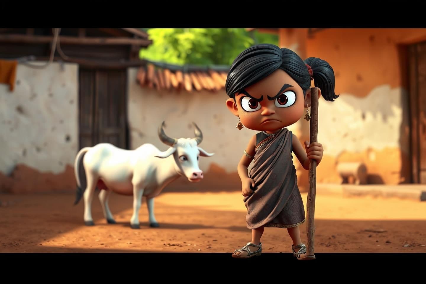 AI generated: 3D cartoonish scene of a rural Indian village courtyard, a rough and greedy girl standing with angry expression, holding a wooden stick, a sad white cow looking down in fear, clay