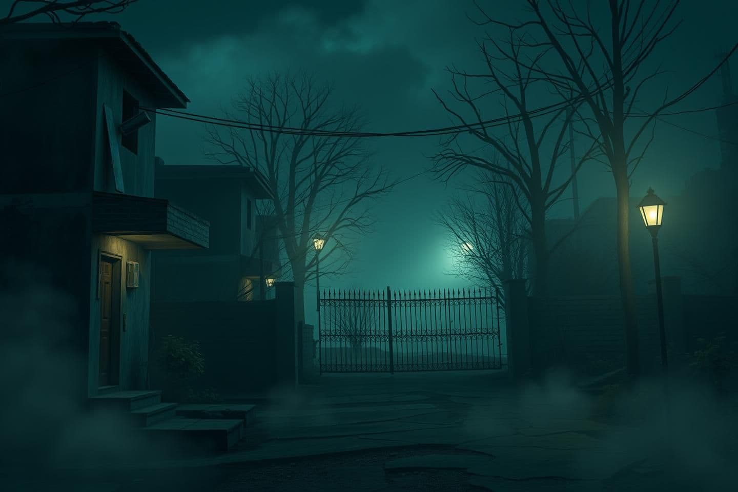 AI generated: IMPORTANT: Generate with all text in Hindi script only. Old girls hostel at night, broken streetlights, fog spreading, darkness near the gate, creepy atmosphere, no people, 16:9 ci