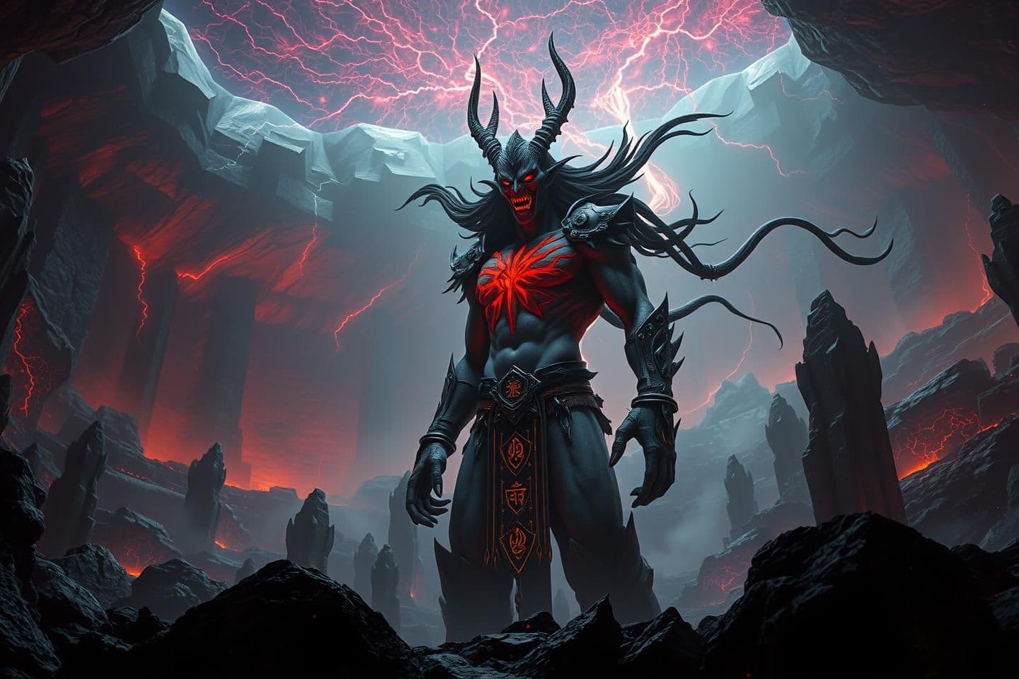 AI generated: Hyper-Unreal 8K cinematic mythological scene, Asura Kritrim standing dominantly in the depths of Patal-lok, massive cavernous underground landscape with jagged black stone pillars