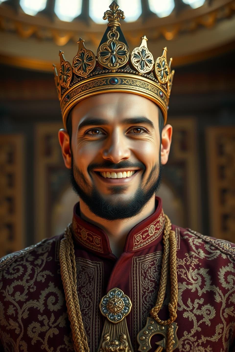AI generated: Ultra-realistic portrait of a proud king standing confidently.
Bright smile on his face, eyes shining with power.
A detailed golden crown on his head, reflecting soft warm light.
R