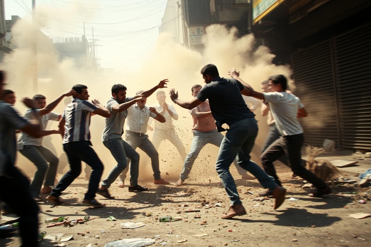 AI generated: A chaotic street fight scene in the background, with several men fighting each other — some punching, some kicking, and some grappling. The setting is an urban street with dust and