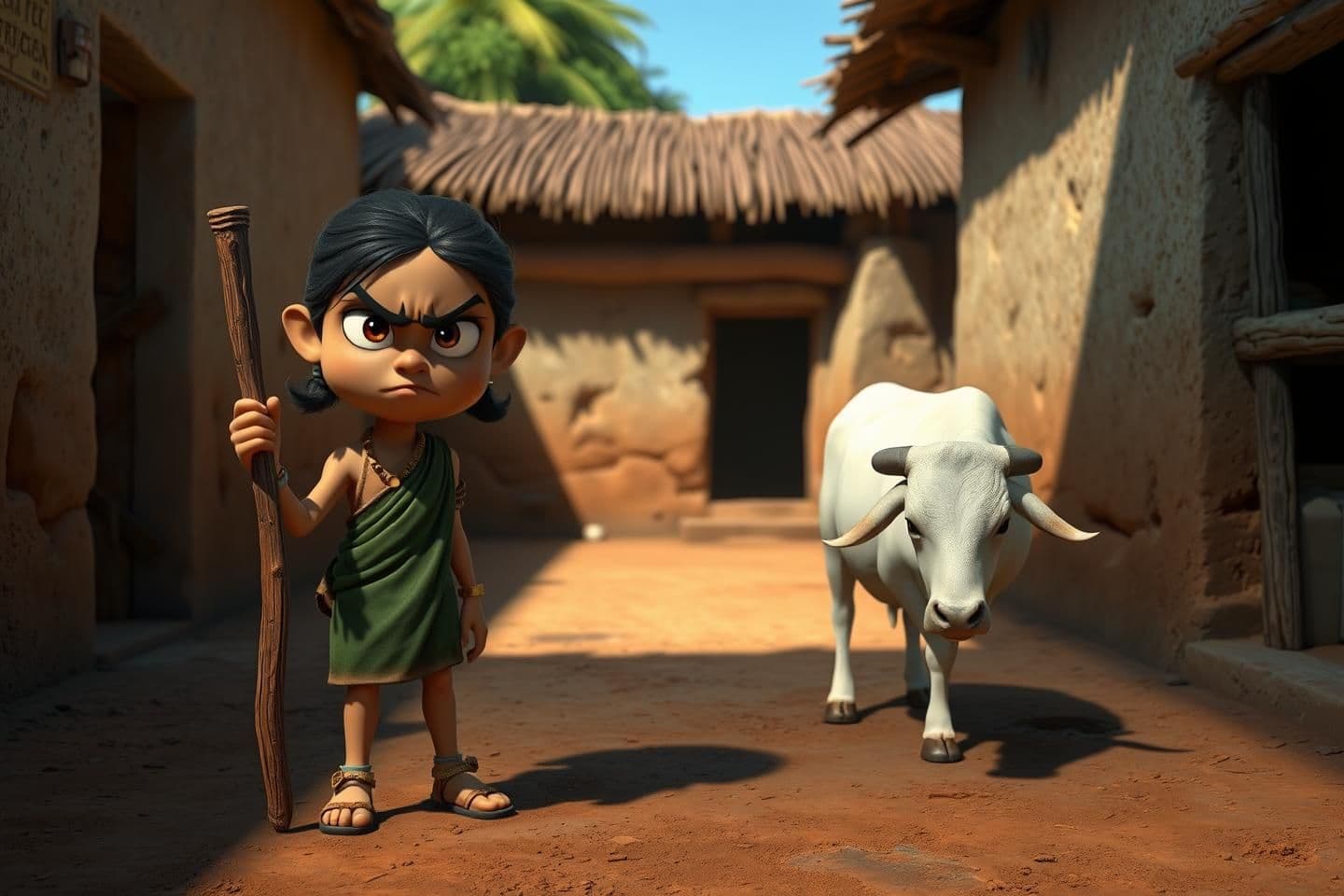AI generated: 3D cartoonish scene of a rural Indian village courtyard, a rough and greedy girl standing with angry expression, holding a wooden stick, a sad white cow looking down in fear, clay