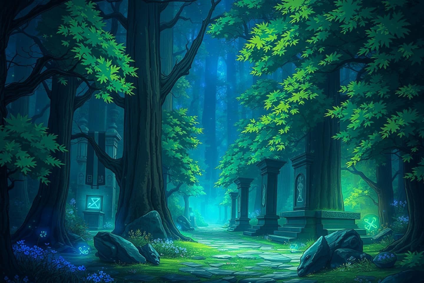 AI generated: 4. The Forest / Mystical Setting
Description: Alive, almost sentient, magical but dangerous. Shifting trees, glowing plants, mysterious creatures, ancient monuments with glowing r