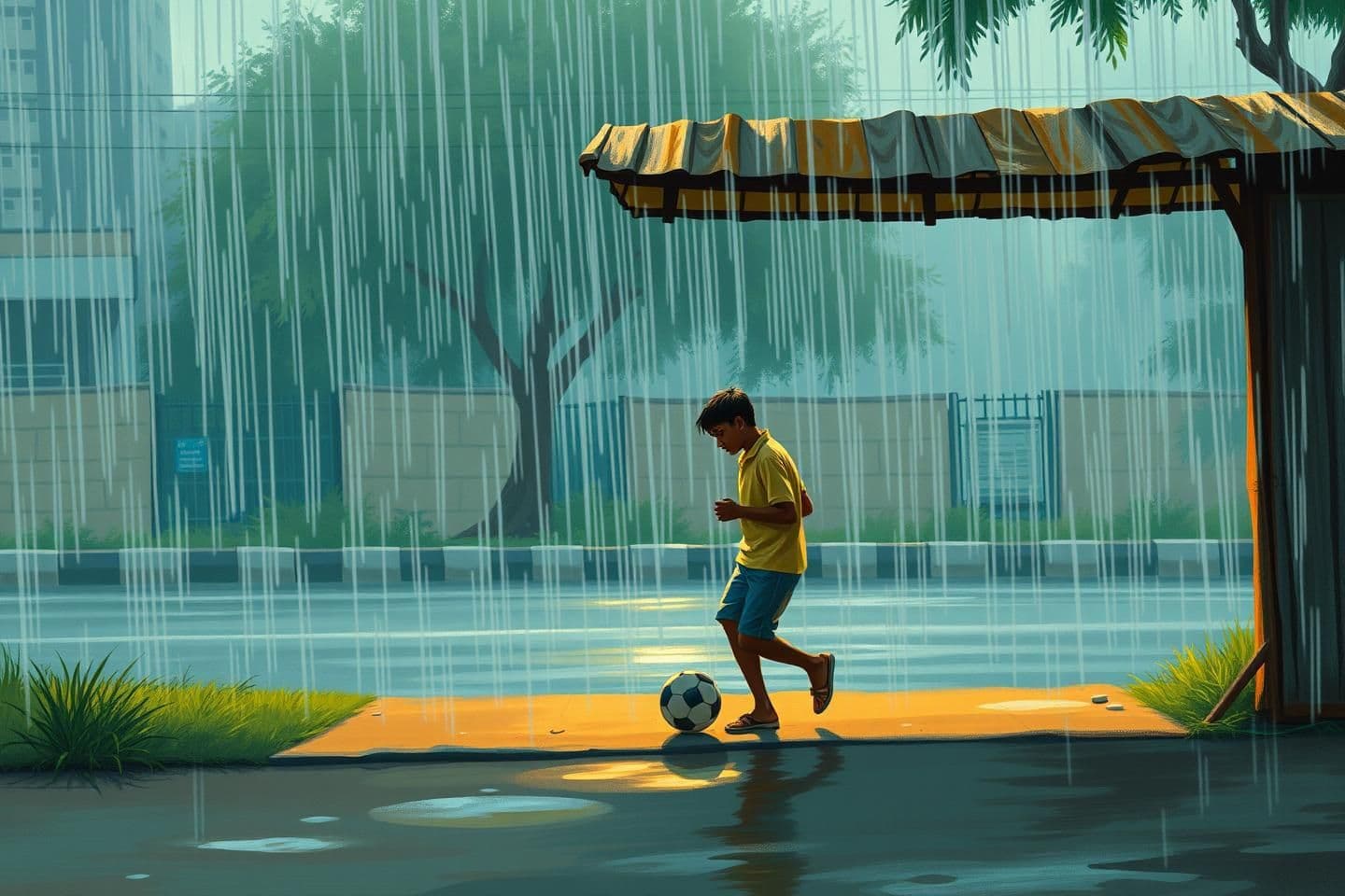 AI generated: IMPORTANT: Generate with all text in Hindi script only. Every evening, at a corner amidst the city's glittering streets, children played football. On that same field-like footpath,