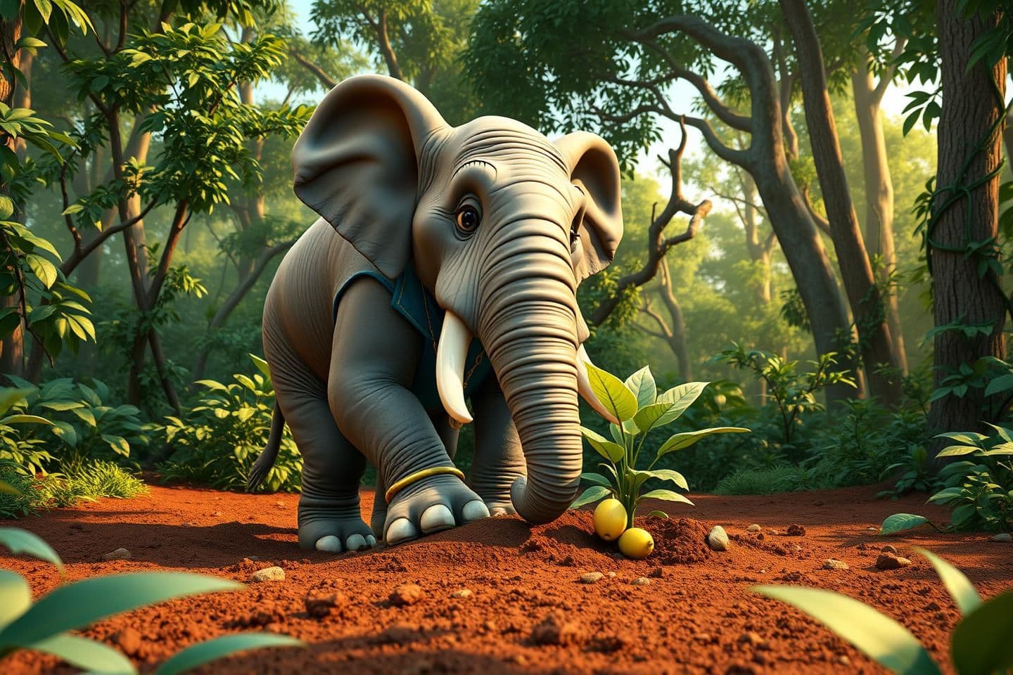 AI generated: A 3D cartoon ultra-realistic scene of a 10-feet tall strong grey elephant with smooth wrinkled skin, large soft ears, deep black kind eyes, medium ivory tusks, wearing a blue sleev