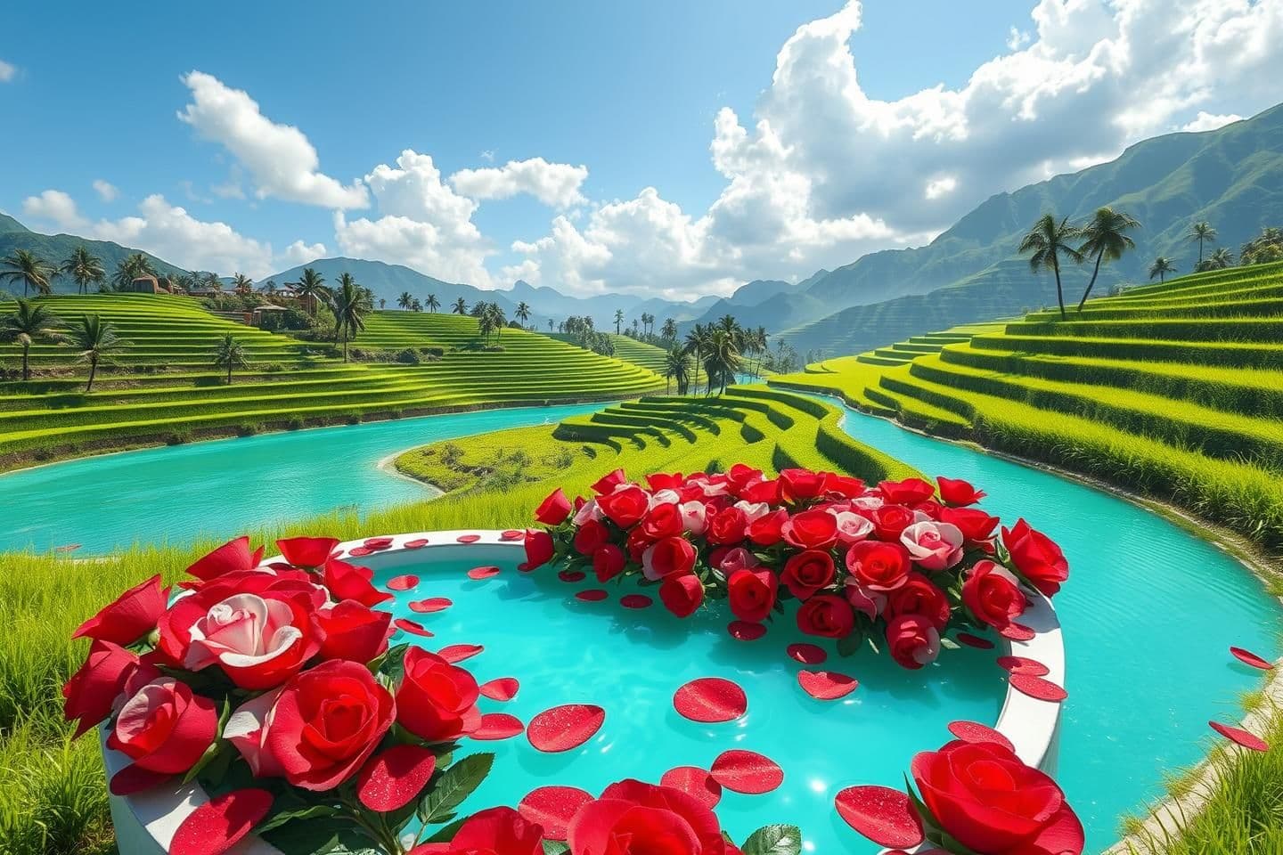 AI generated: In a high-quality realistic CGI style, a romantic heart-shaped pond blooms with vibrant red and white roses, set in lush green terraced rice fields with a winding turquoise river.
