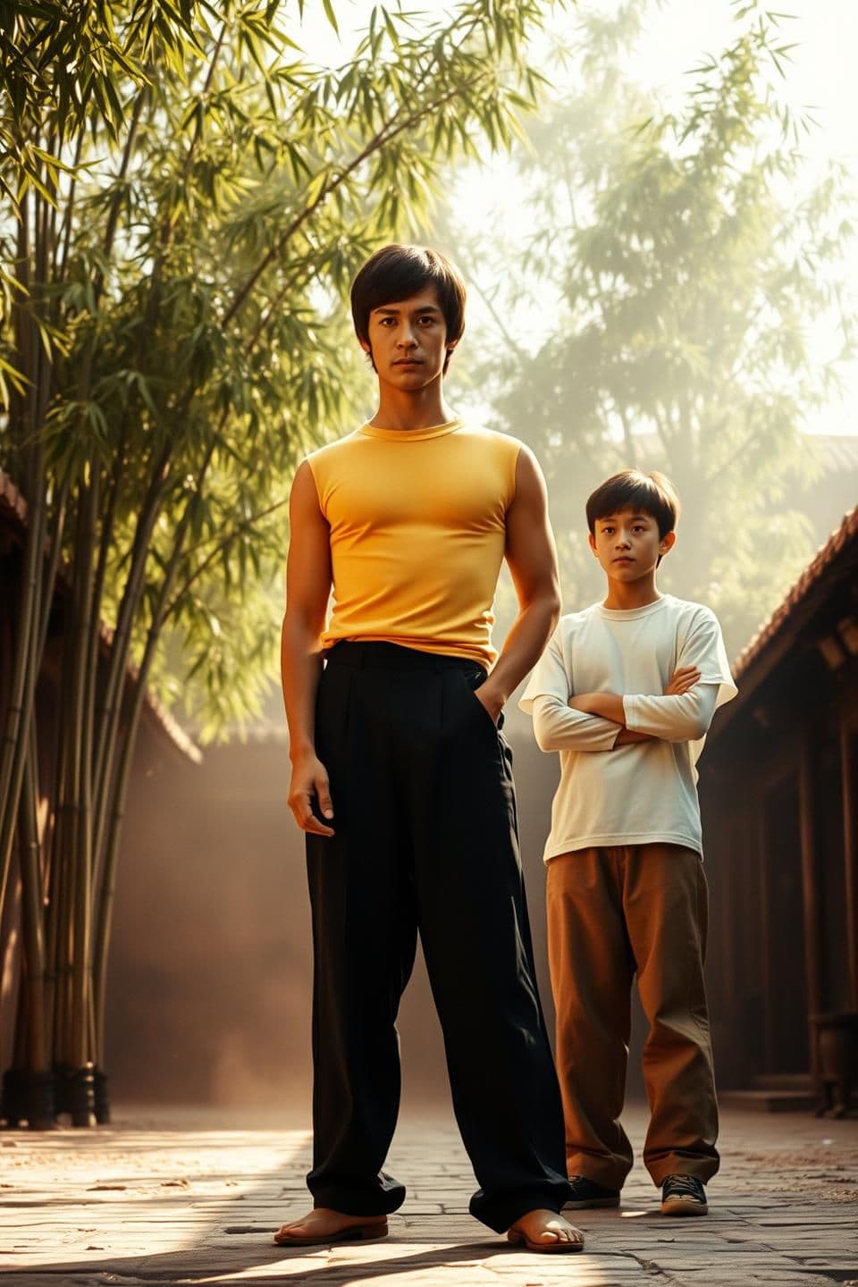 AI generated: Old kung-fu courtyard with bamboo trees, warm sunlight, dust particles in air. Bruce Lee wearing yellow training top and black kung-fu pants stands calmly. A young student in white