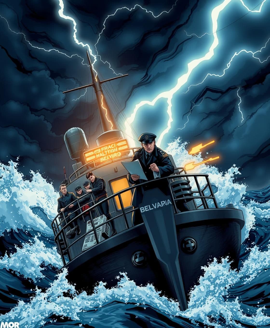 AI generated: A stormy sea scene with a 1940s military ship (the Belvaria) being hit by huge waves. Lightning flashes across dark, swirling clouds. Captain Adrian is shown on deck, looking tense