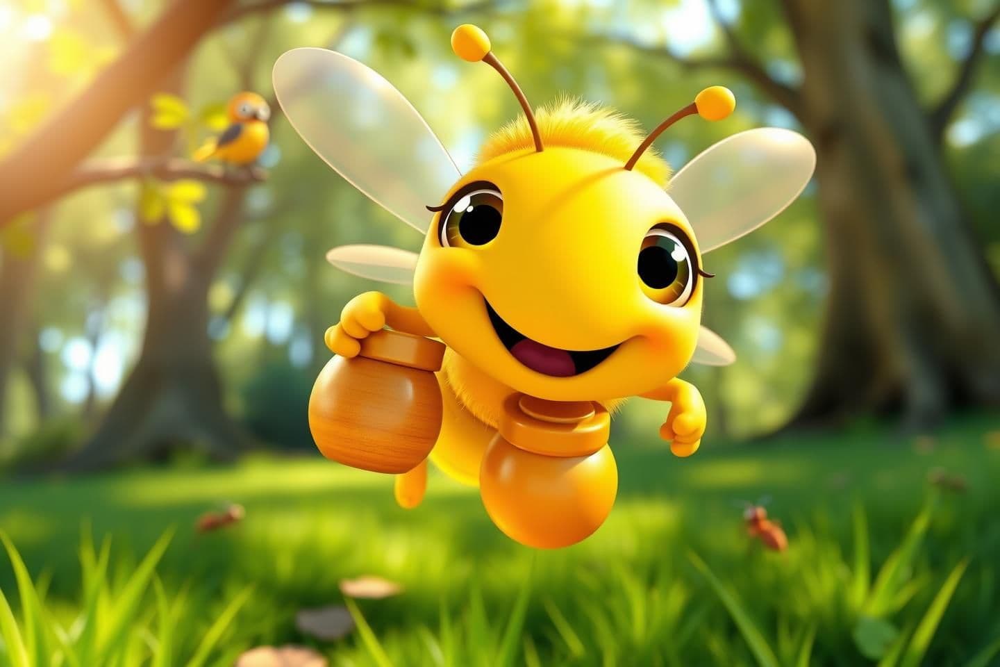 AI generated: Prompt: A catchy 3D cartoon style thumbnail for a kids' poem. Front view of a super cute happy honeybee with big eyes flying towards the camera holding a honey pot. In the blurred