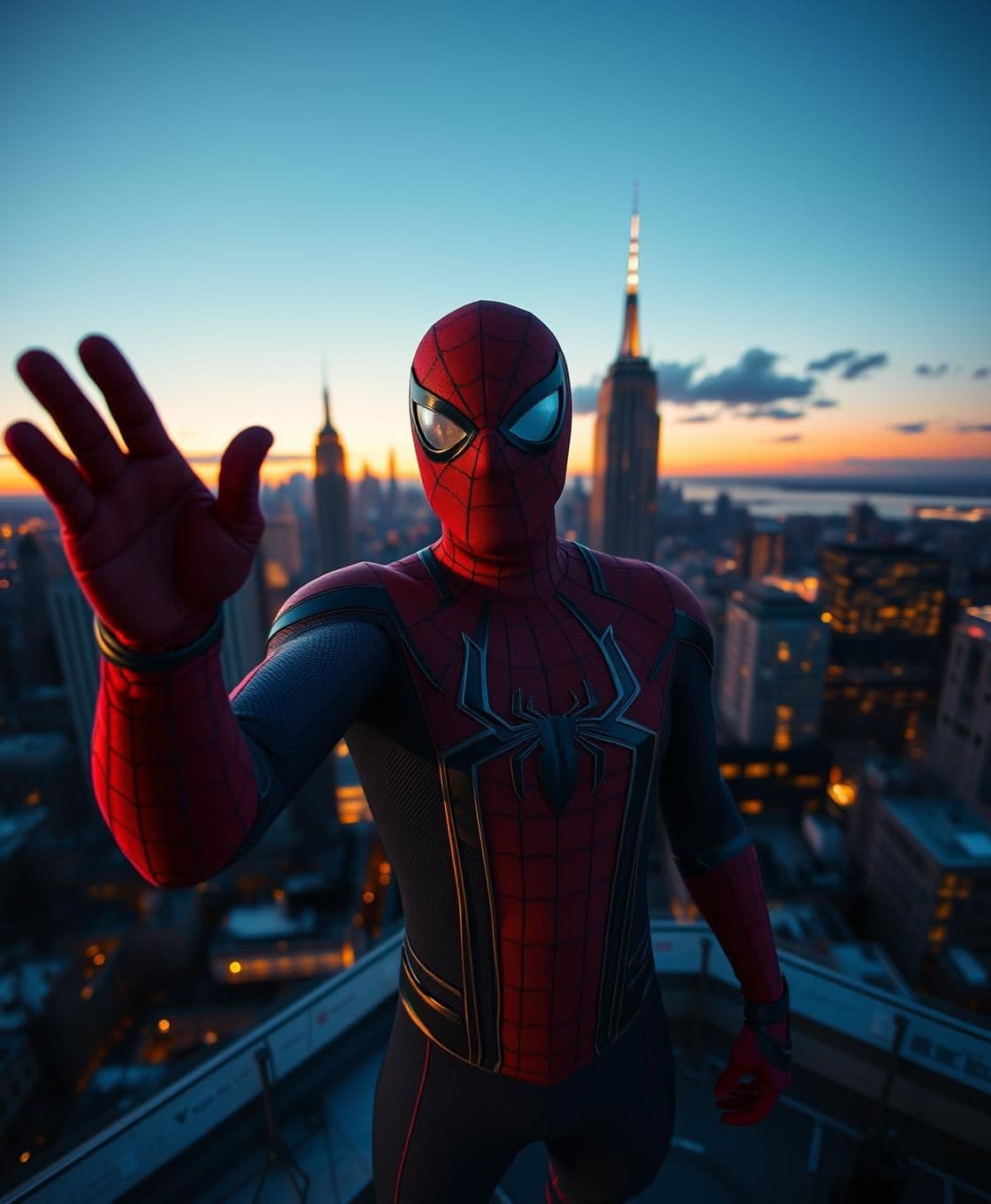 AI generated: “Ultra-realistic 4K cinematic shot, Spider-Man standing on a New York rooftop during sunset, taking a selfie with one hand. His suit is the classic red-blue texture, same face in a