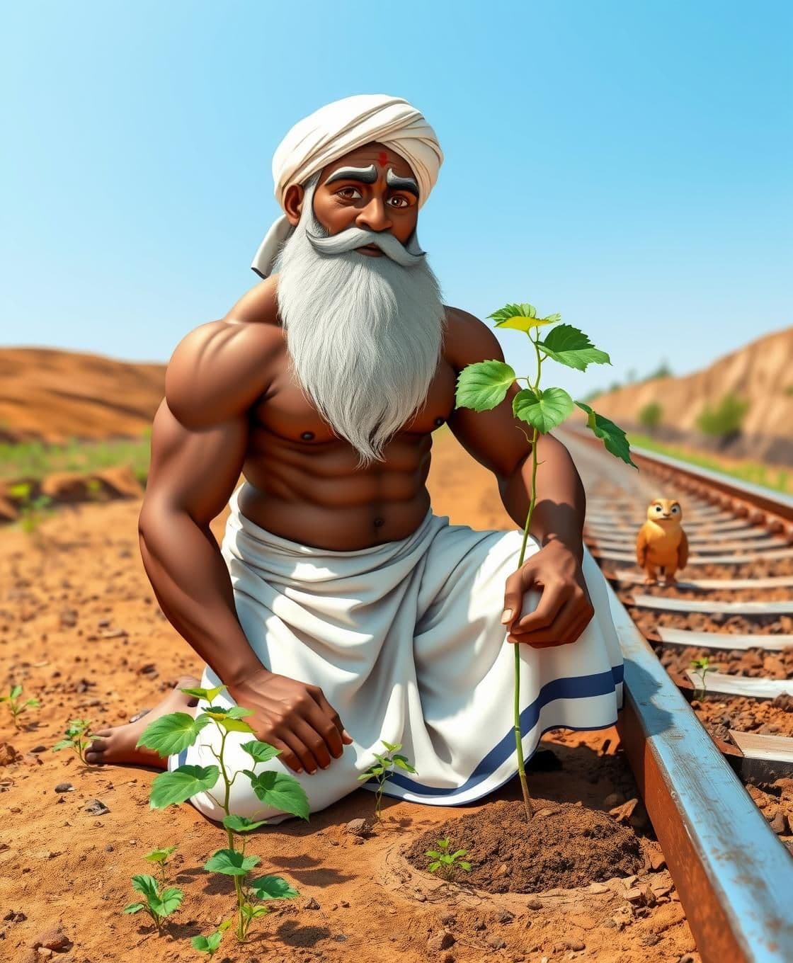 AI generated: “A highly muscular Indian farmer with dark wheatish skin, big white beard, white traditional pagdi, wearing only a white dhoti with blue border, no shirt, strong abs and wide chest