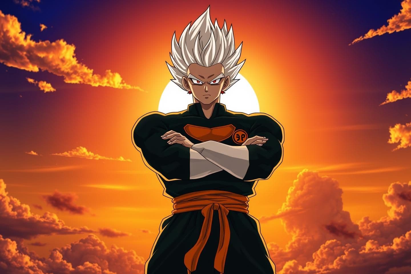 AI generated: Anime-style character inspired by Dragon Ball Grand priest, standing with arms crossed against a bright sunset sky with clouds., spiky white hair glowing slightly, sharp facial fea