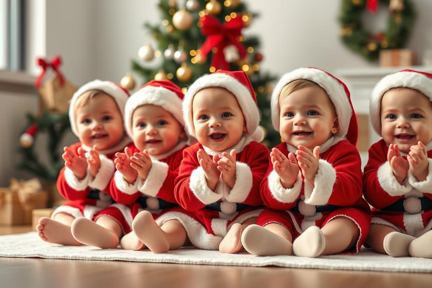 AI generated: 5 super cute realistic toddlers 3 months old white in color, wearing santa costumes, sitting together in a horizontal row facing the camera, clapping hands, big happy smiles, brigh