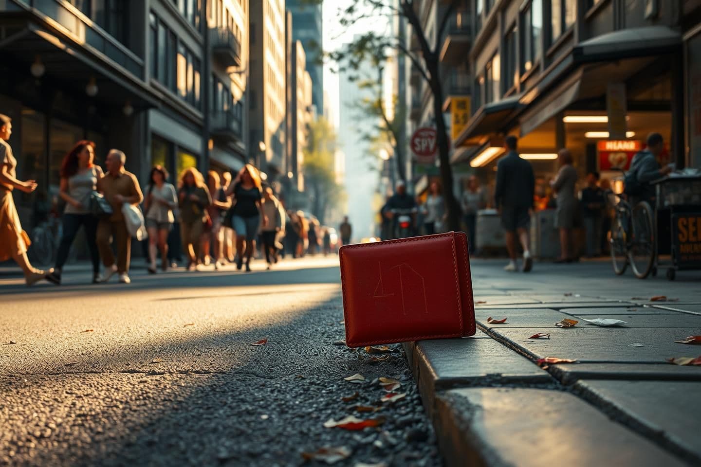 AI generated: Scene: Same busy urban street, few seconds after wallet is revealed. Morning sunlight, bustling with pedestrians and passing vehicles. Slight tension builds as one individual notic