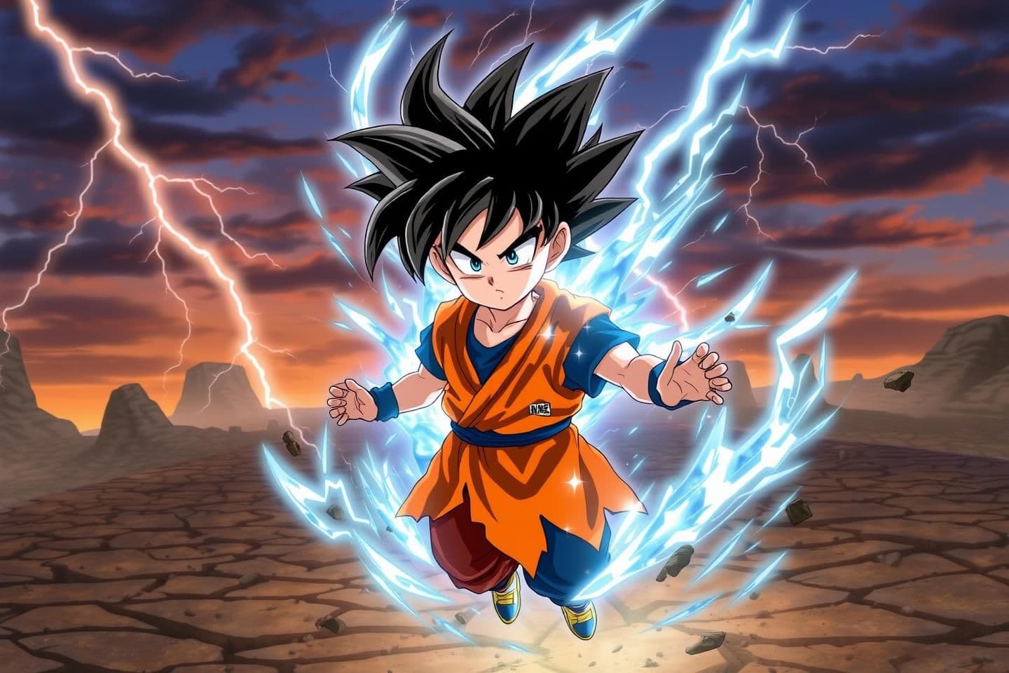 AI generated: A young warrior resembling Goten, with spiky black hair and youthful features, surrounded by a shimmering silver-blue aura. His eyes glow faintly with instinctive power, and his st