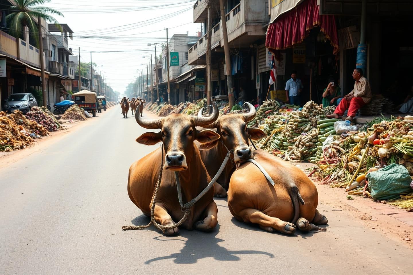 AI generated: "A realistic street view of a wide open Indian market road. Piles of rotten vegetables on the side. Large stray bulls (Indian breed) are sitting comfortably in the middle of the wi