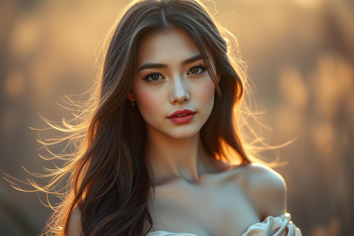 AI generated: portrait of a beautiful woman in soft morning light, delicate expression, gentle gaze, long flowing hair, wearing an off-shoulder silky dress, natural makeup, warm glow, cinematic