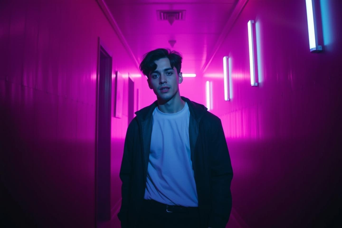 AI generated: Lyrics: “मेरे पास प्यार है, हाँ… आ आ आ”
Shot: Slow dolly-in.
Location: Neon-pink dark club hallway.
Visual: Hero walking slowly toward camera, soft strobe reflection on skin.
A