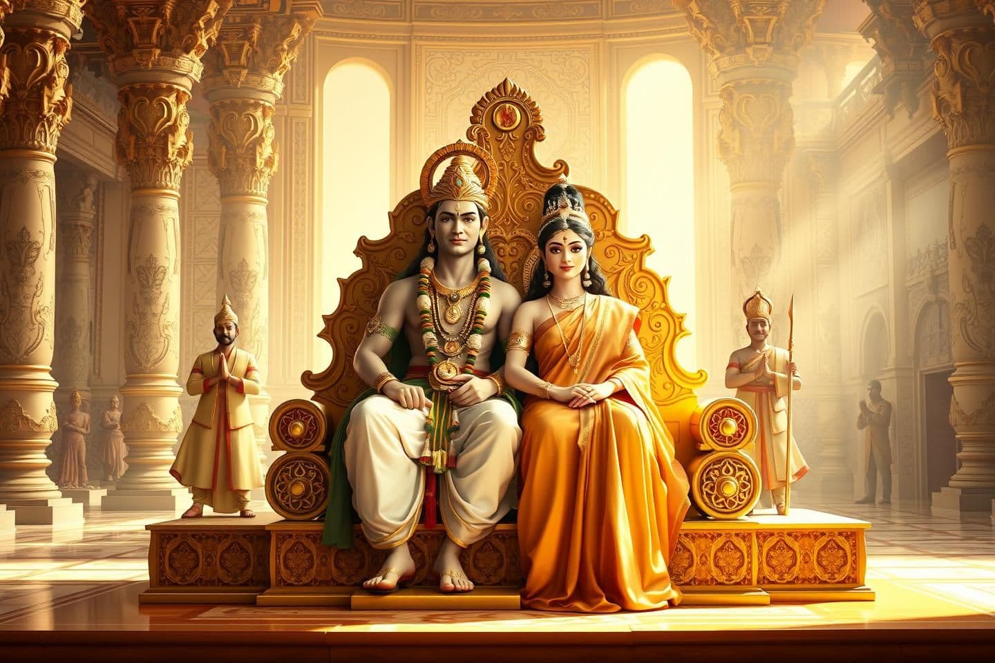 AI generated: Here is a safe, respectful, and detailed image prompt of King Rama and Queen Sita with the emotion you want:
---
Image Prompt: King Rama & Queen Sita on a Grand Throne
“A majes