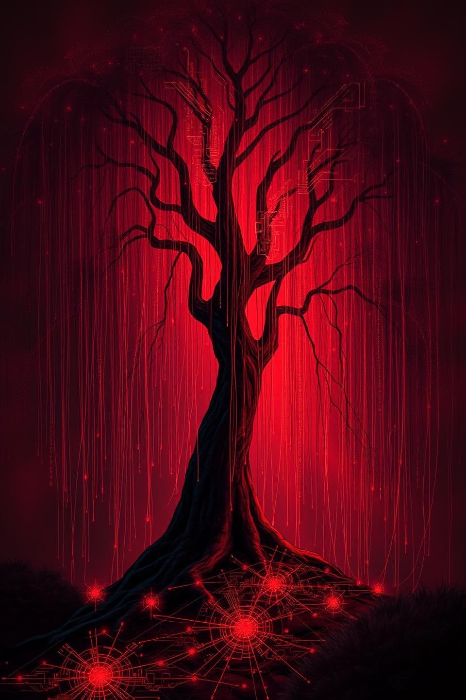 AI generated: mystical forest A professional digital painting for a profile image, showing a weeping willow tree whose long, flowing branches subtly transform into computer circuits, electronic