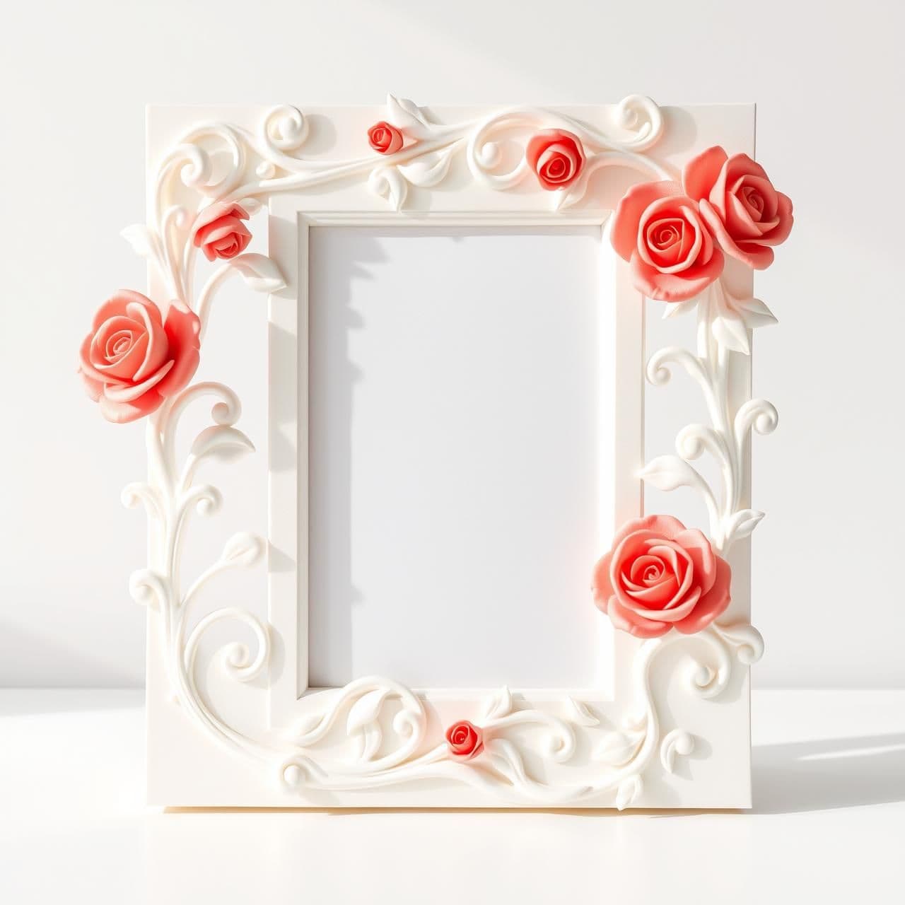 AI generated: A beautiful 3D printed photo frame with flowing organic vines and delicate roses, art nouveau style, seamless continuous design, matte white PLA material, sophisticated and elegant