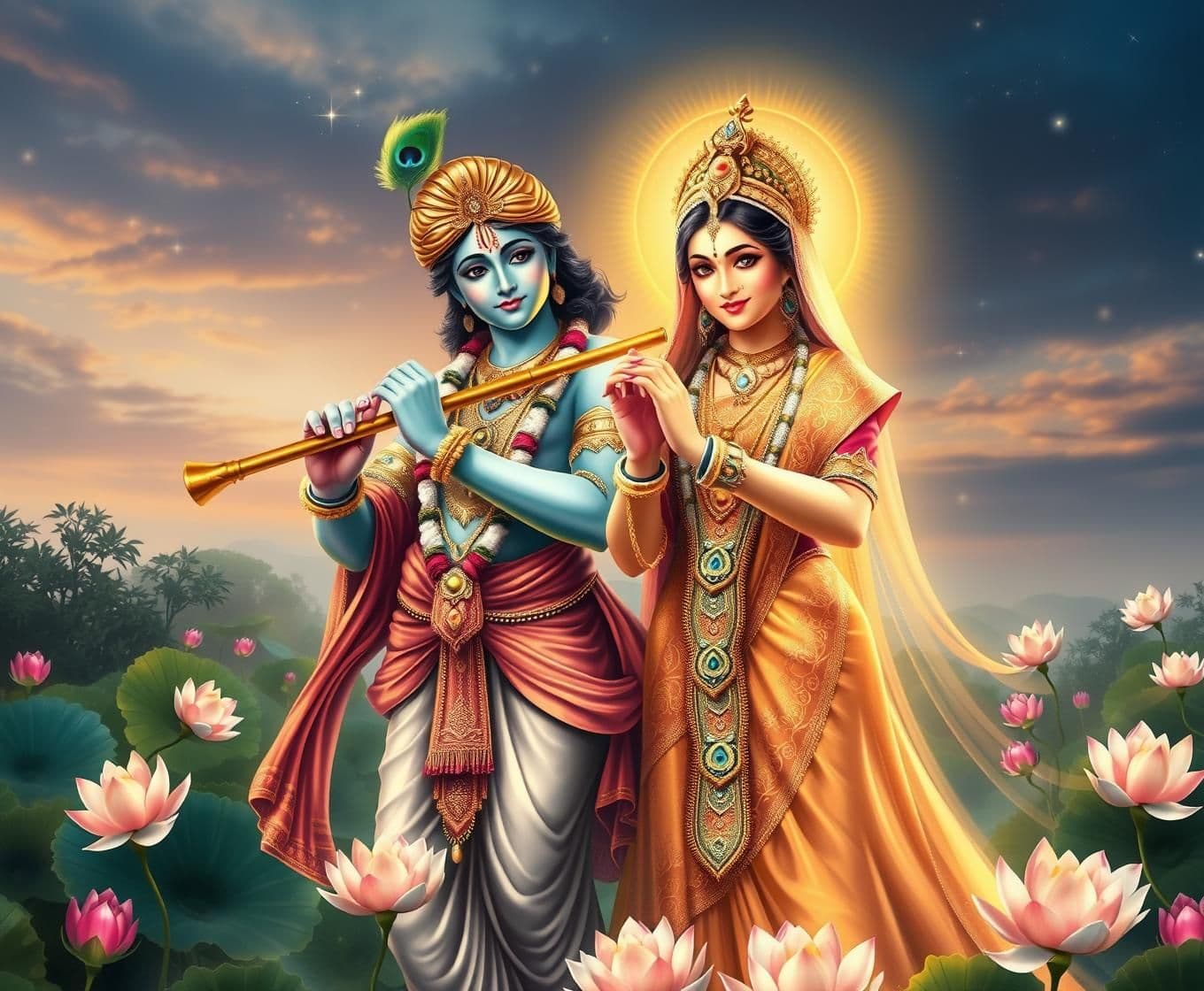 AI generated: "Create a divine and enchanting portrait of Radha and Krishna standing together in Vrindavan. Krishna plays the flute softly while Radha stands beside him adorned in elegant tradit