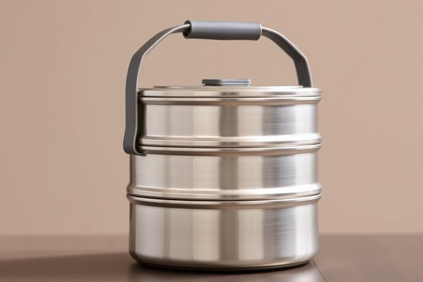 AI generated: "A highly modern, stainless steel tiffin carrier (dabba), featuring three distinct stacked tiers. The body of the tiffin is double-walled with a slightly matte or brushed finish to