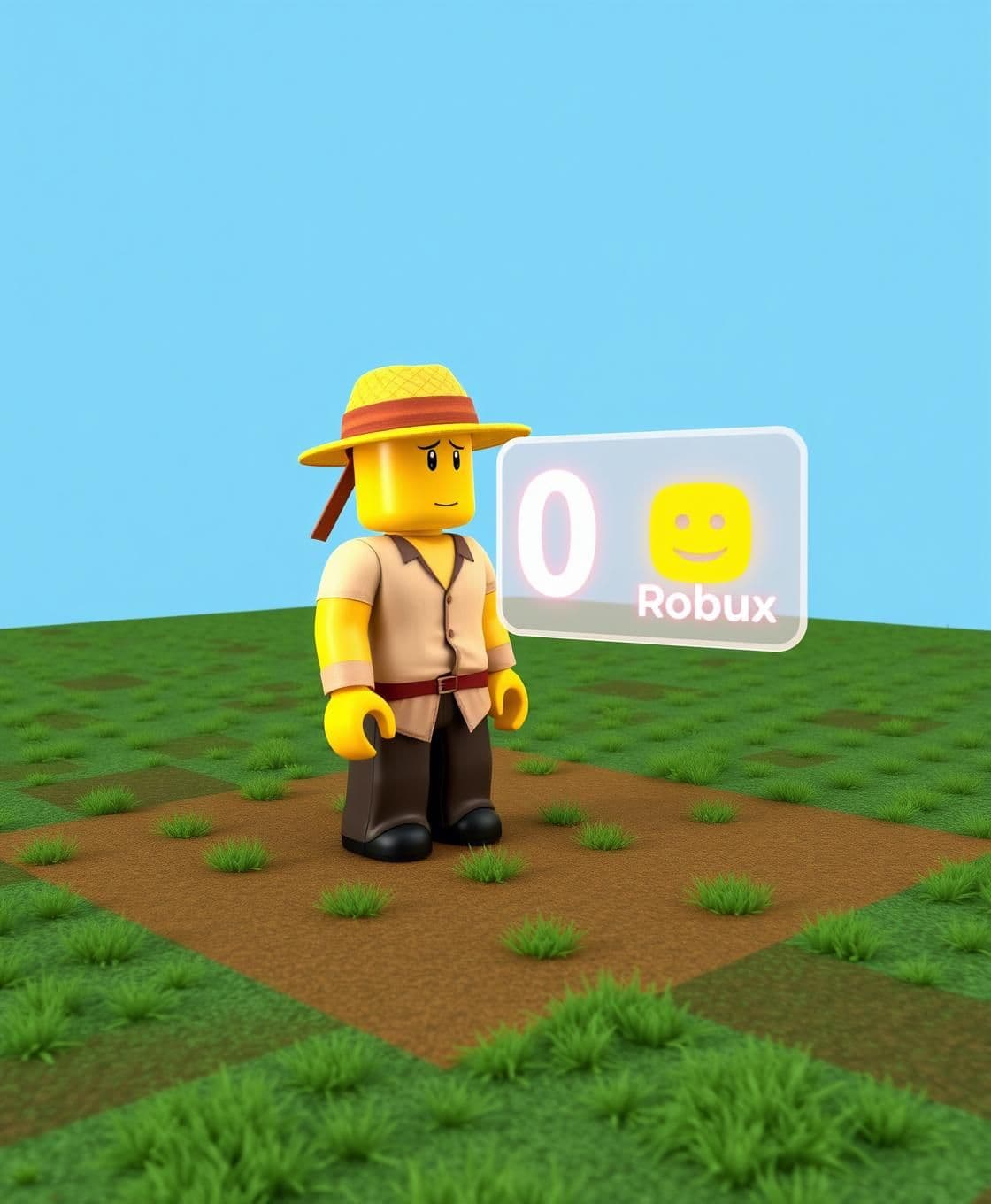 AI generated: A dejected Roblox-style noob character with a classic yellow blocky head stands in the center of a small, barren 8x8 plot of land. The ground is a simple grid of green blocky grass