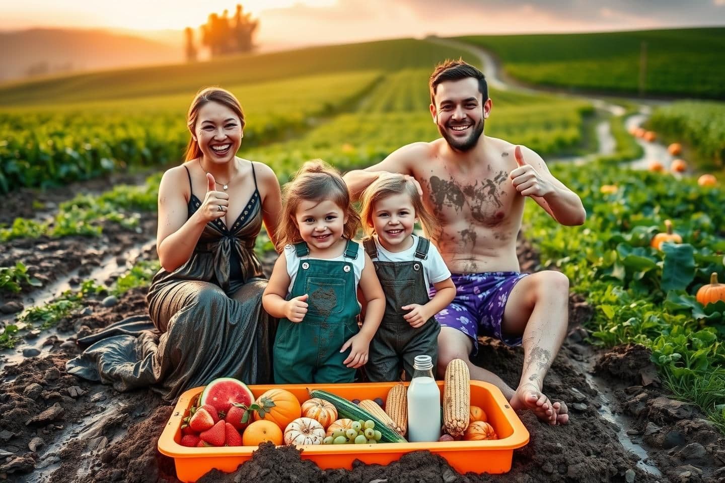 AI generated: A joyful family of three sitting in a muddy field during sunset. The mother, wearing an elegant black and gold dress, is covered in mud and smiling, giving a thumbs up. The father,