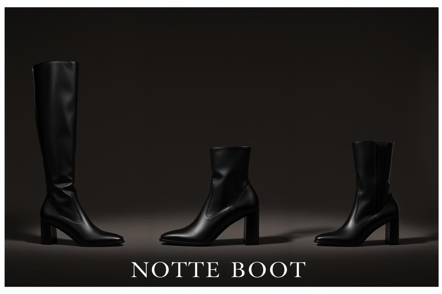 AI generated: “Create a luxurious high-fashion product image of the Notte Boot, an Italian convertible boot that transforms from a knee-high silhouette into a chic ankle boot. Display all config