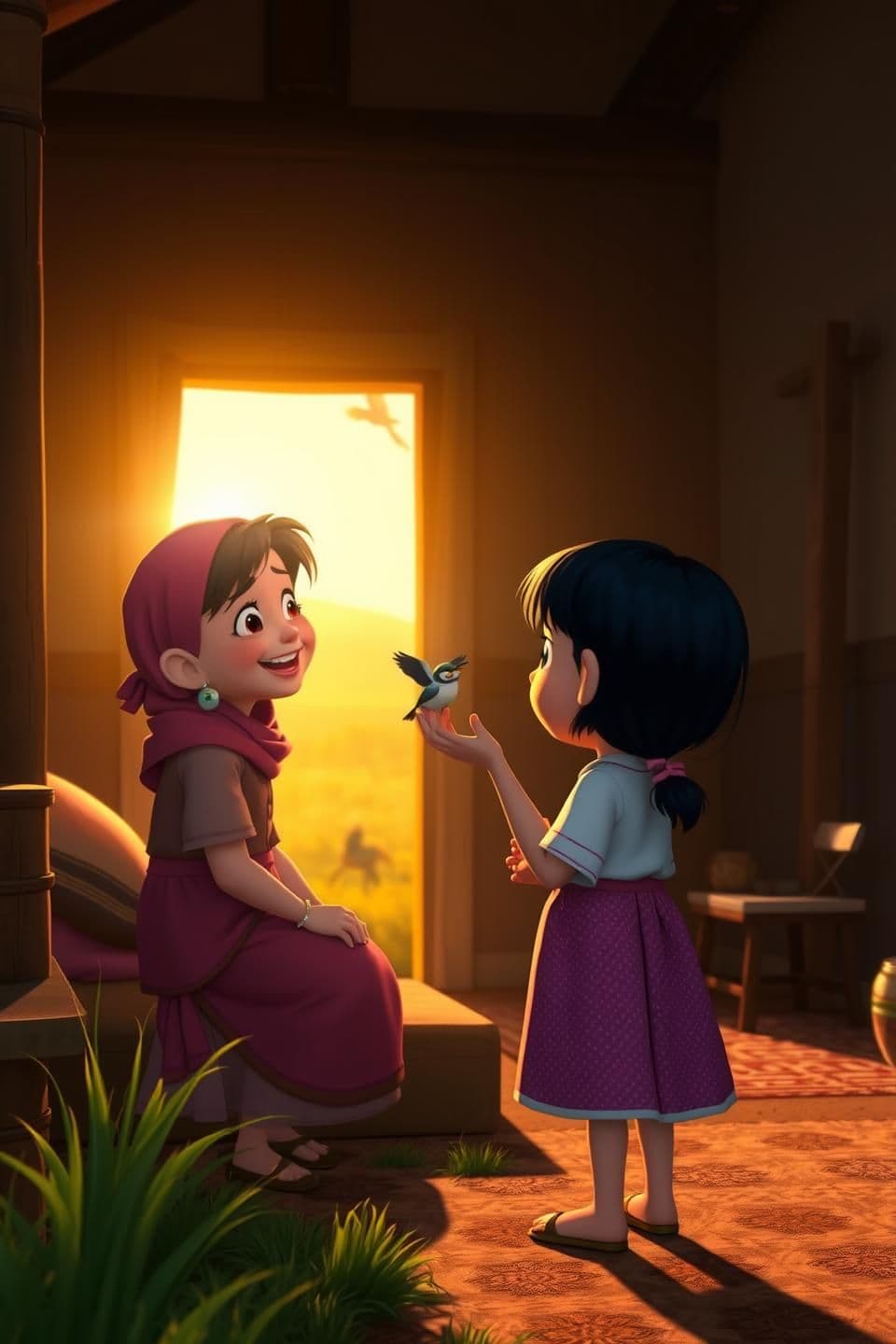 AI generated: A small girl talking to her mother in a simple village home,
soft morning light, emotional atmosphere, Pixar style, ultra HD, no textA kind mother smiling at her daughter, warm sun