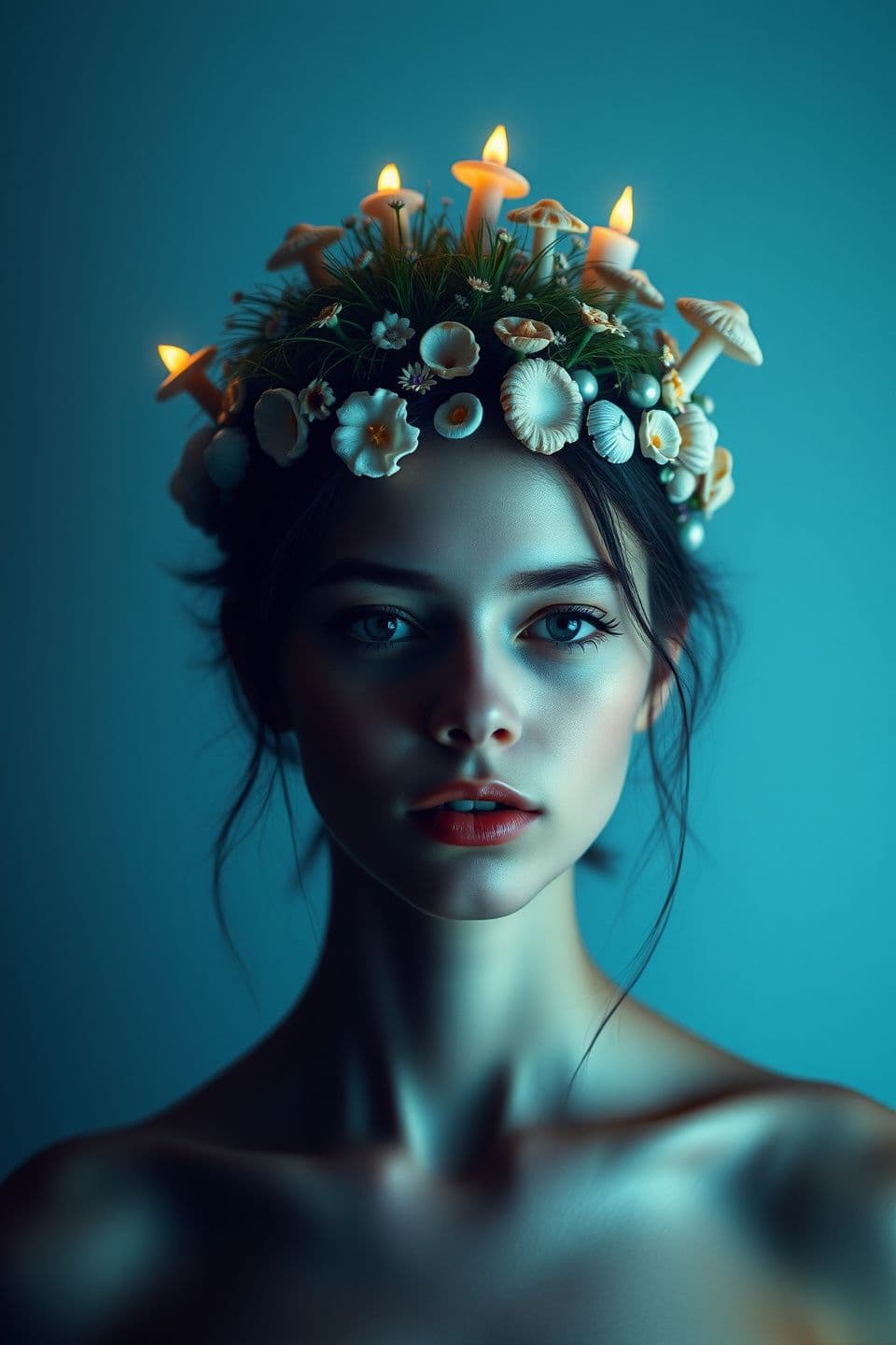 AI generated: A young woman with a small floating garden above her head, tiny flowers and grass gently hovering, soft daylight, dreamy surreal beauty, clean background an elegant crown made of s