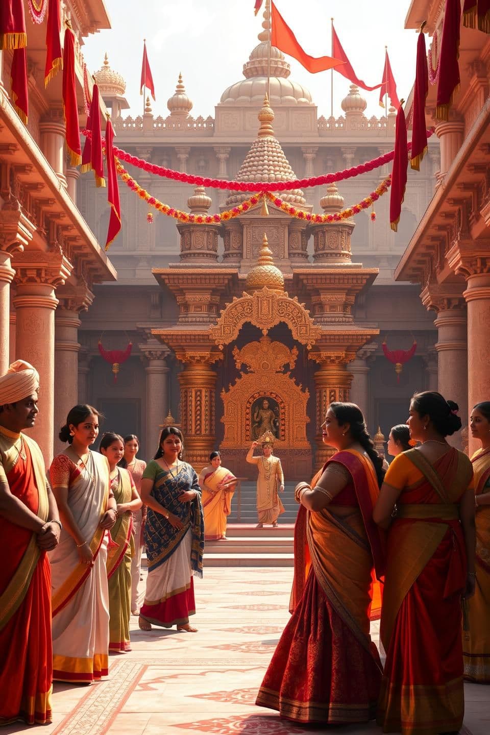 AI generated: Create a 9:16 scene showing a grand Hindu royal palace courtyard where the king returns home with the young prince. The king is dressed like a traditional Indian Maharaja with turb