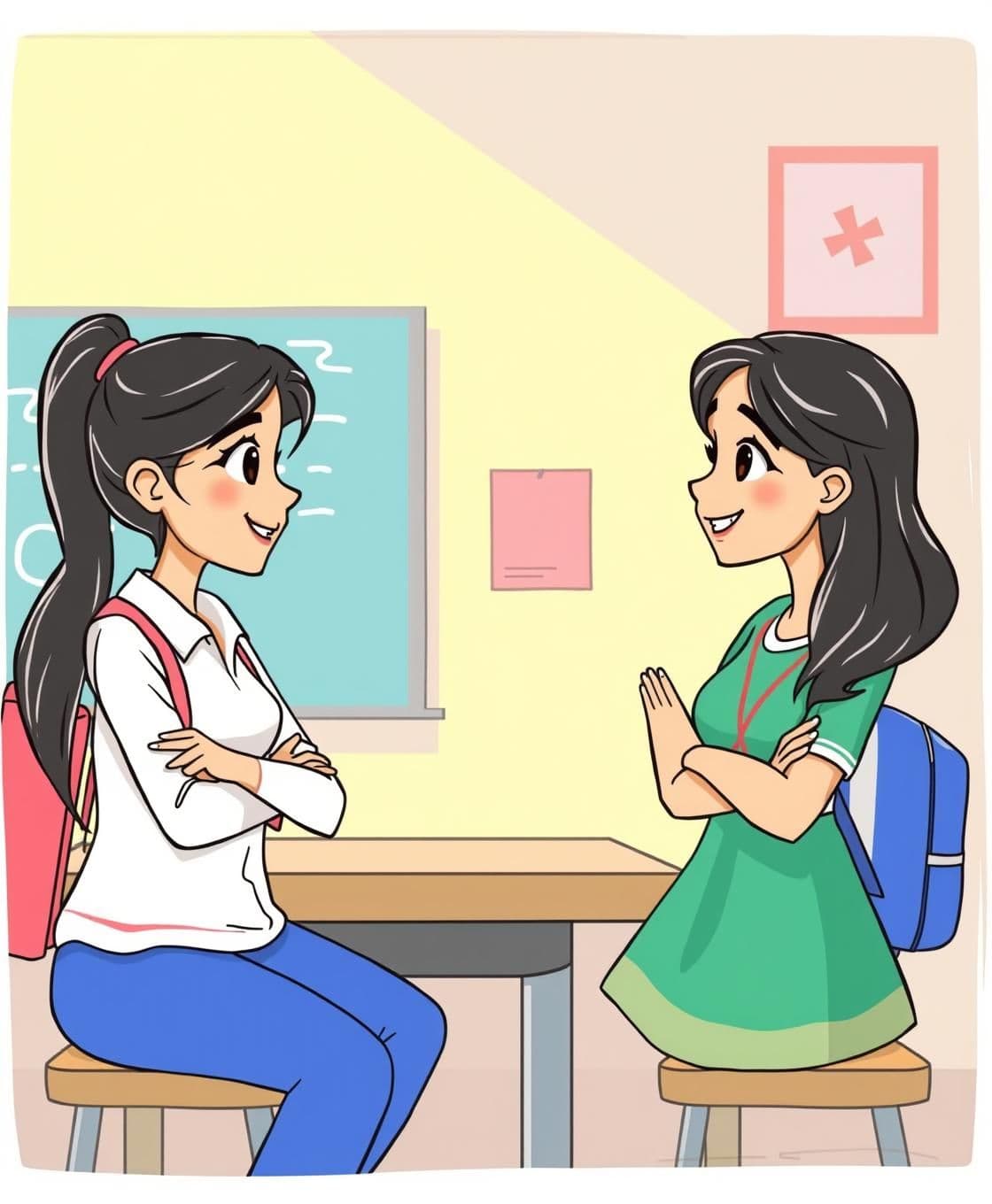 AI generated: Create a meme of whiteboard animation style. Two students discussing about an event in the school background it is a conversation between two girls specified to girls with the name