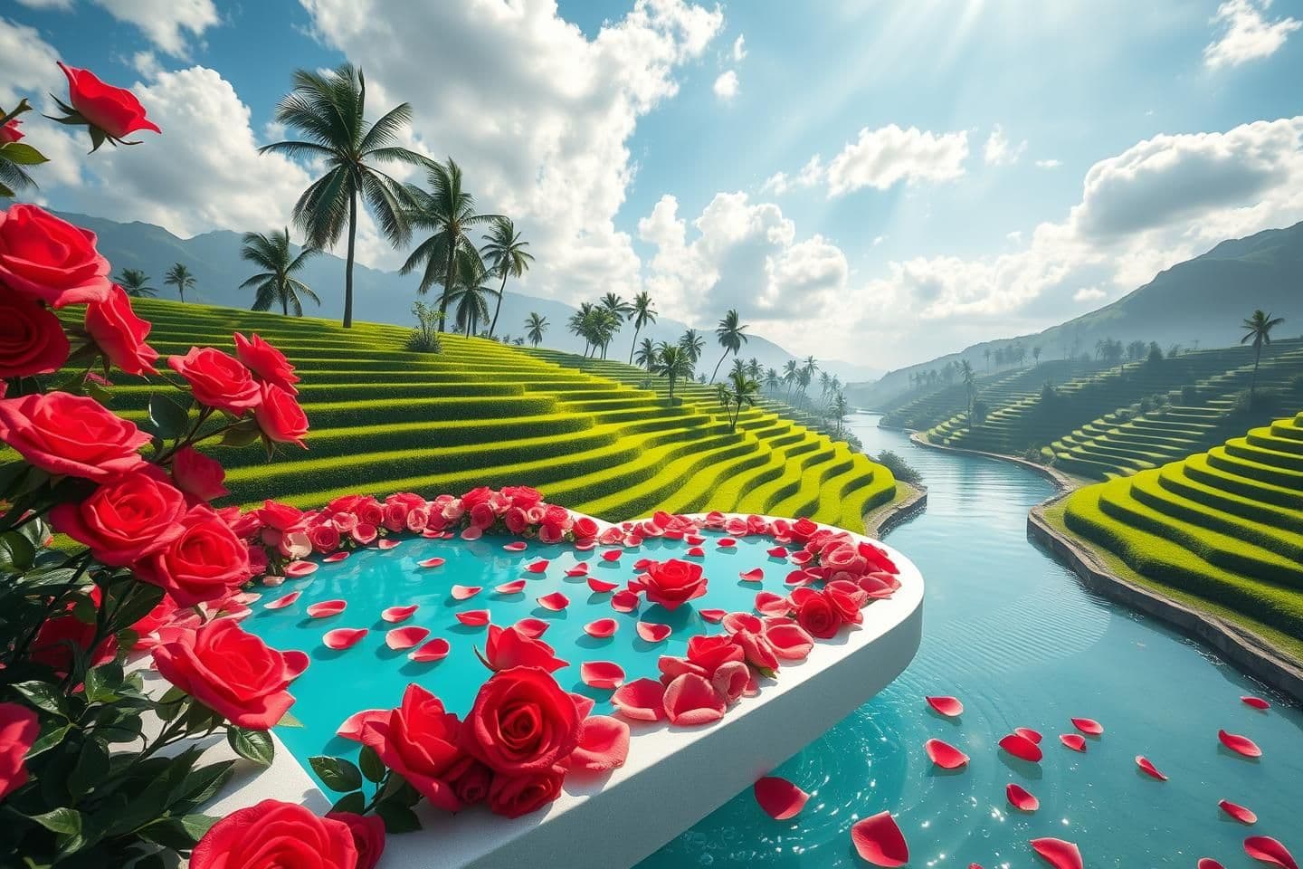 AI generated: In a high-quality realistic CGI style, a romantic heart-shaped pond blooms with vibrant red and white roses, set in lush green terraced rice fields with a winding turquoise river.