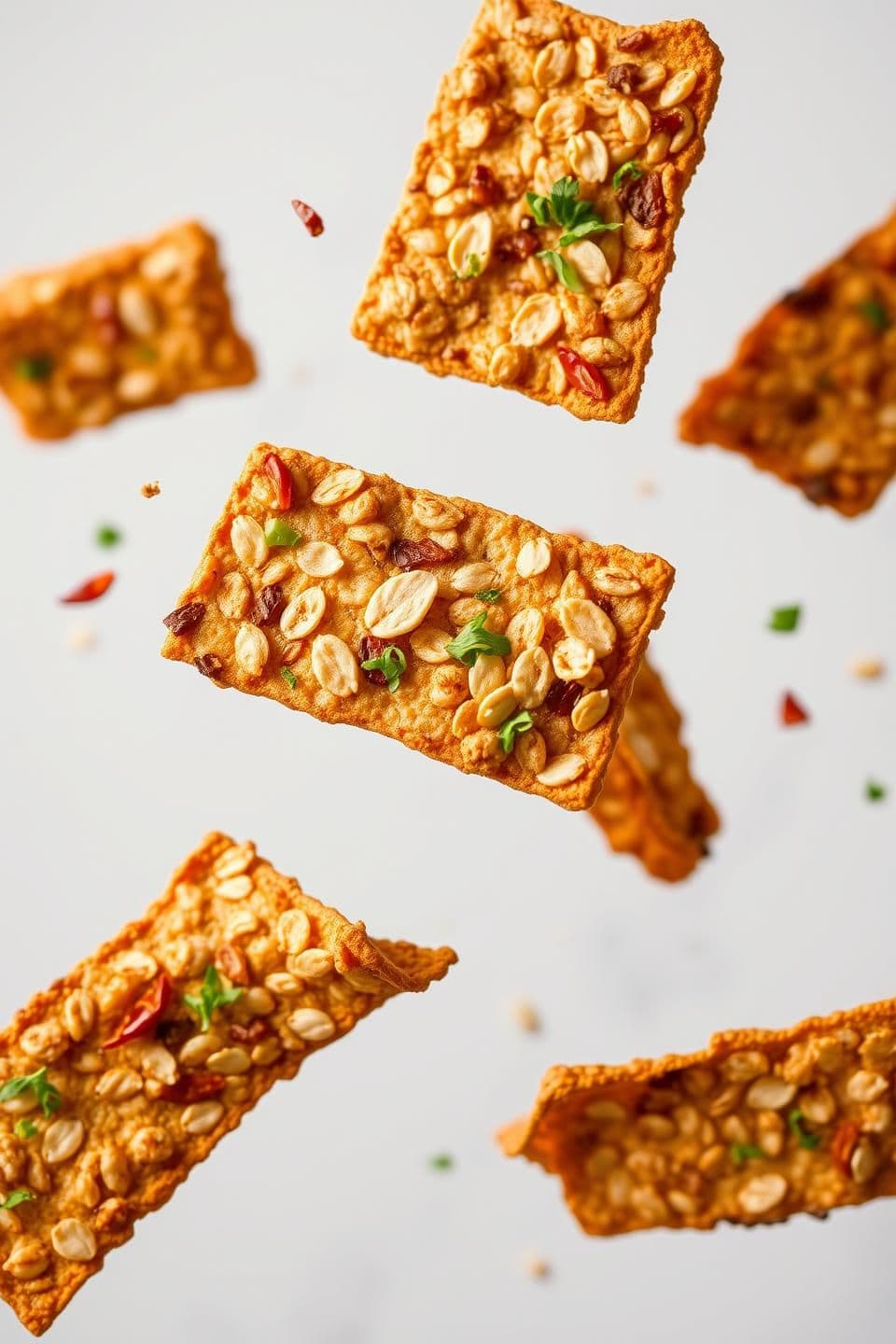 AI generated: "A photograph of oats chips floating against a light grey background. The chips should be rectangular, showcasing various shades of lightly and deeply toasted color to emphasize th