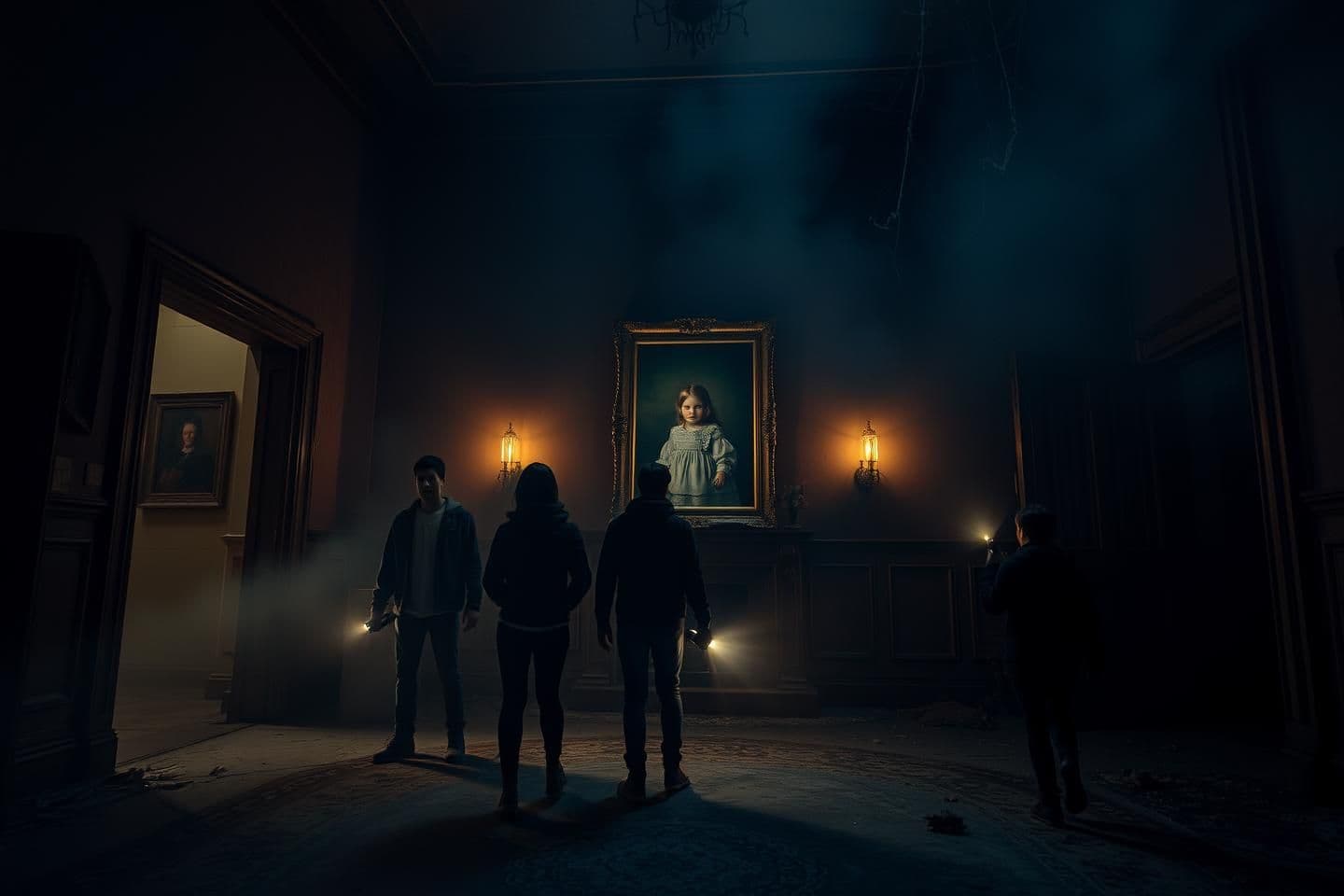 AI generated: Night scene inside an abandoned haunted mansion located in the mountains of a small mysterious town. Time is around 12 AM, the atmosphere is foggy and cold. Four young friends (two