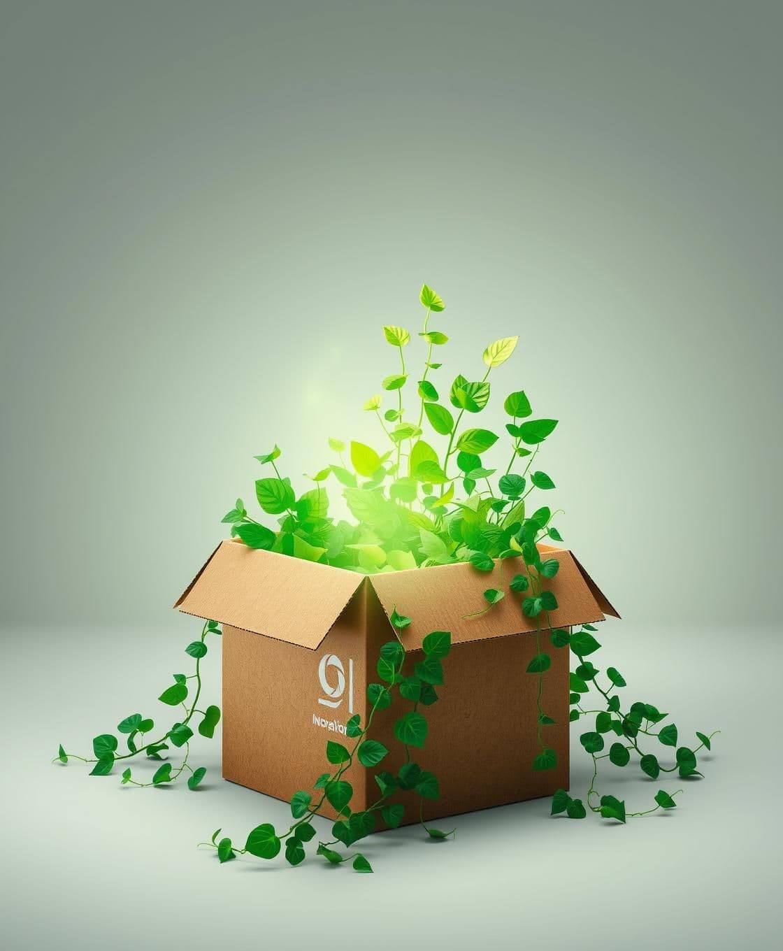 AI generated: A cinematic 3D macro shot of a brown cardboard packaging box transforming into lush green leaves and vines. The box is opening to reveal glowing nature energy. Concept: "Sustainabl