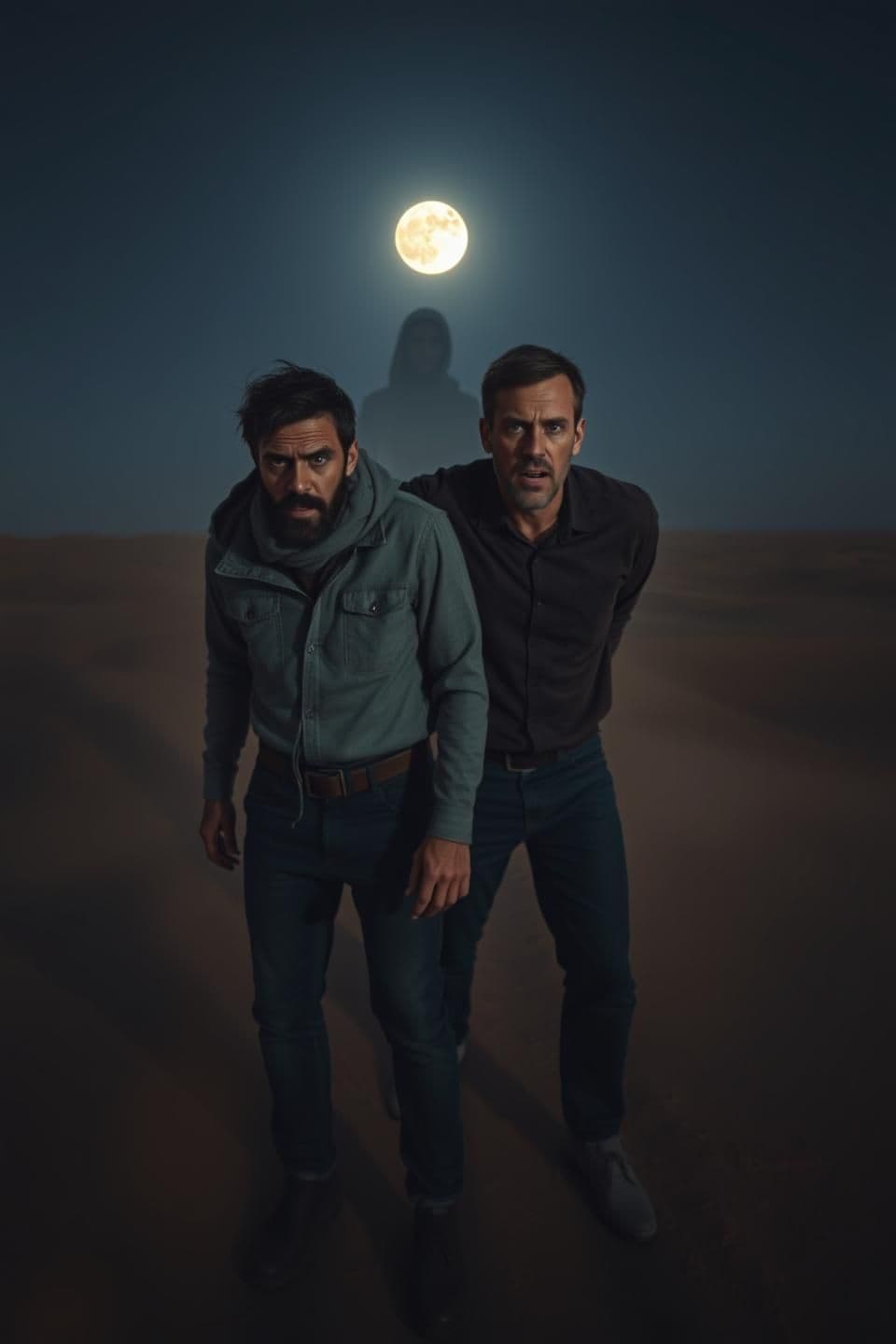 AI generated: Two men standing close together in a vast morning desert, both looking terrified with wide eyes and tense body language.
A faint ghostly silhouette or shadowy figure behind them,
