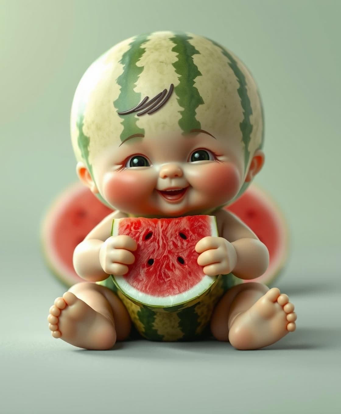 AI generated: A cute baby boy sitting like a human, but his body is shaped like a watermelon. The watermelon has natural green stripes and a soft texture. The baby watermelon boy is sitting on t
