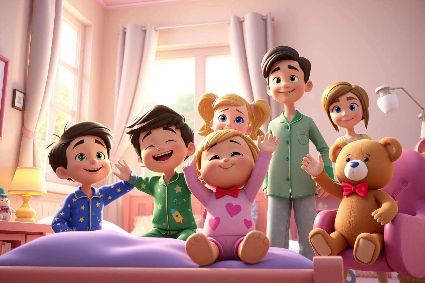AI generated: 3D 4K cartoon style scene of four cheerful kids waking up in a bright, cozy toy world bedroom as morning sunlight streams through the window.
Characters:
Tom: 8 years old, 4’2” ta