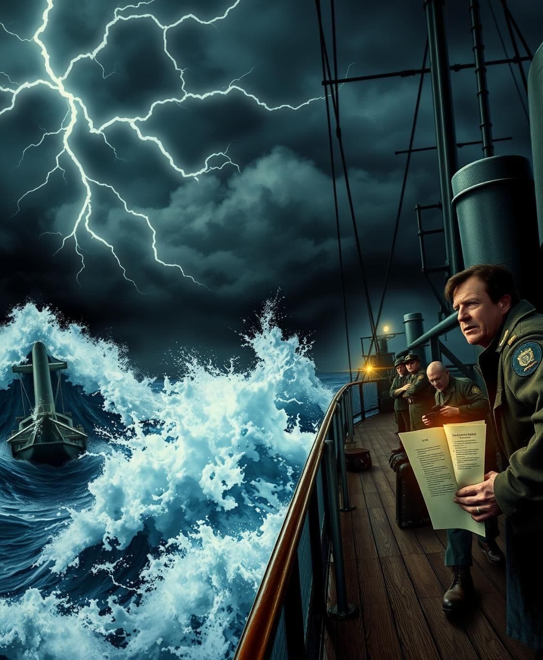 AI generated: A stormy sea scene with a 1940s military ship (the Belvaria) being hit by huge waves. Lightning flashes across dark, swirling clouds. Captain Adrian is shown on deck, looking tense