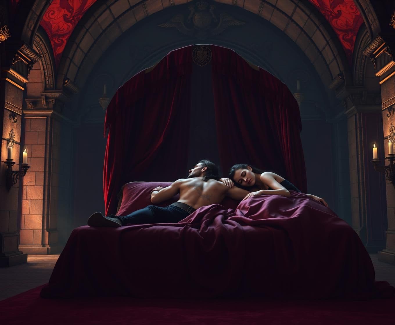 AI generated: A vast ancient royal chamber with tall stone arches and a shadowed ceiling carved with lions, flames, and twin crowns. Massive iron-bolted doors are shut.
Lighting is dim: a dying