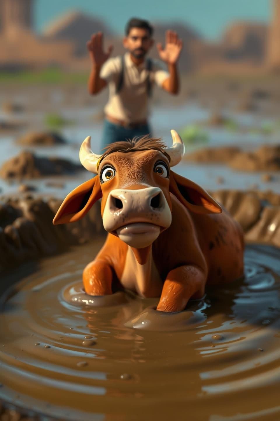 AI generated: 🎬 Scene 2 (2–5s): गाय कीचड़ में फँस जाती है
Image Prompt:
"Desi brown cow struggling in deep wet mud, legs sinking, eyes wide in fear. Mud collapsing inward, water ripples formin